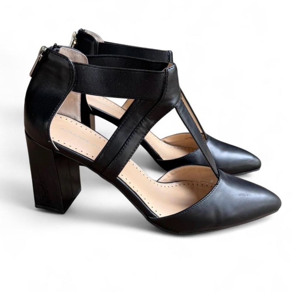 Adrienne Vittadini Black T-Strap Heels Block Heel Pumps Pointed Classic Work